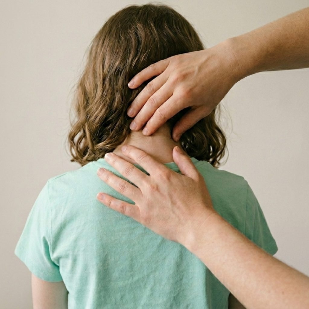 immagine di una seduta di fisiatria e fisioterapia, il dottore manipola il collo di una paziente