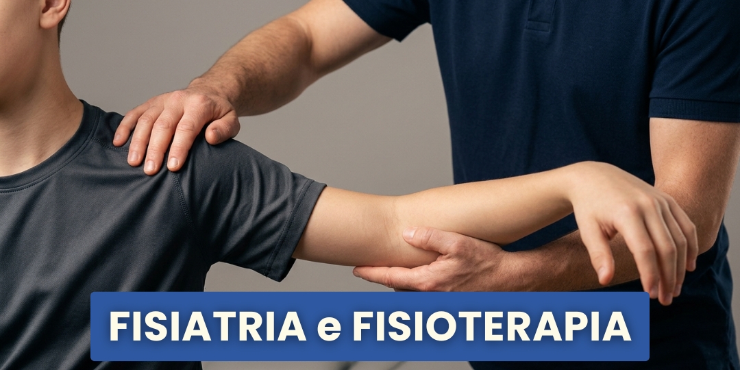 immagine di una seduta di fisiatria e fisioterapia, il terapista manipola la spalla del paziente