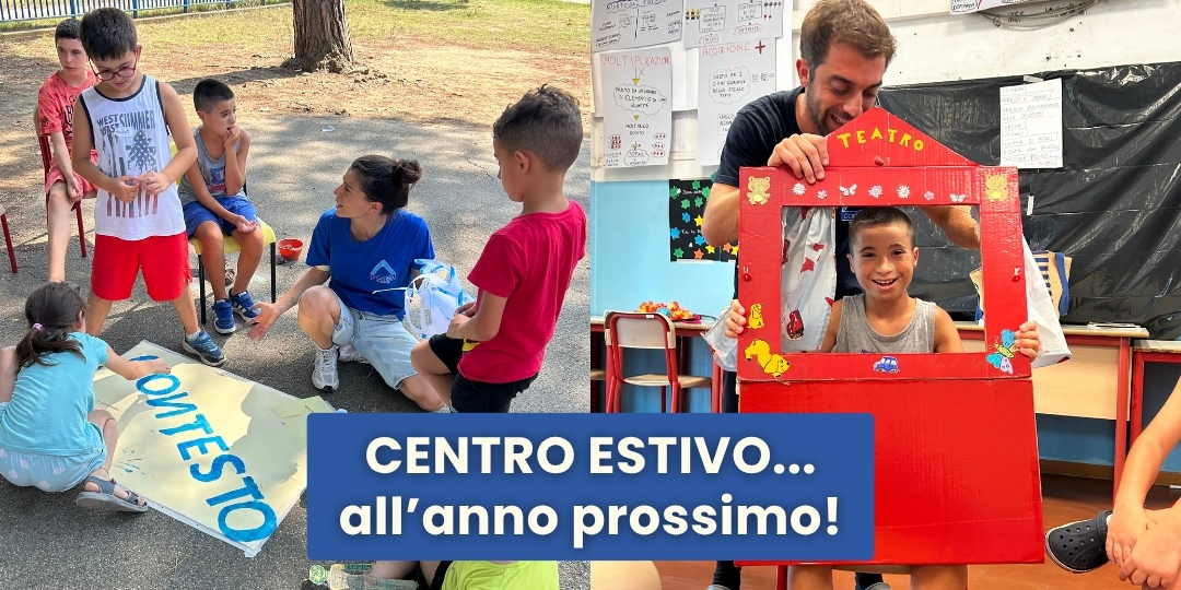 due immagini del centro estivo contesto 2026 con tanti bambini e bambine che giocano e si divertono
